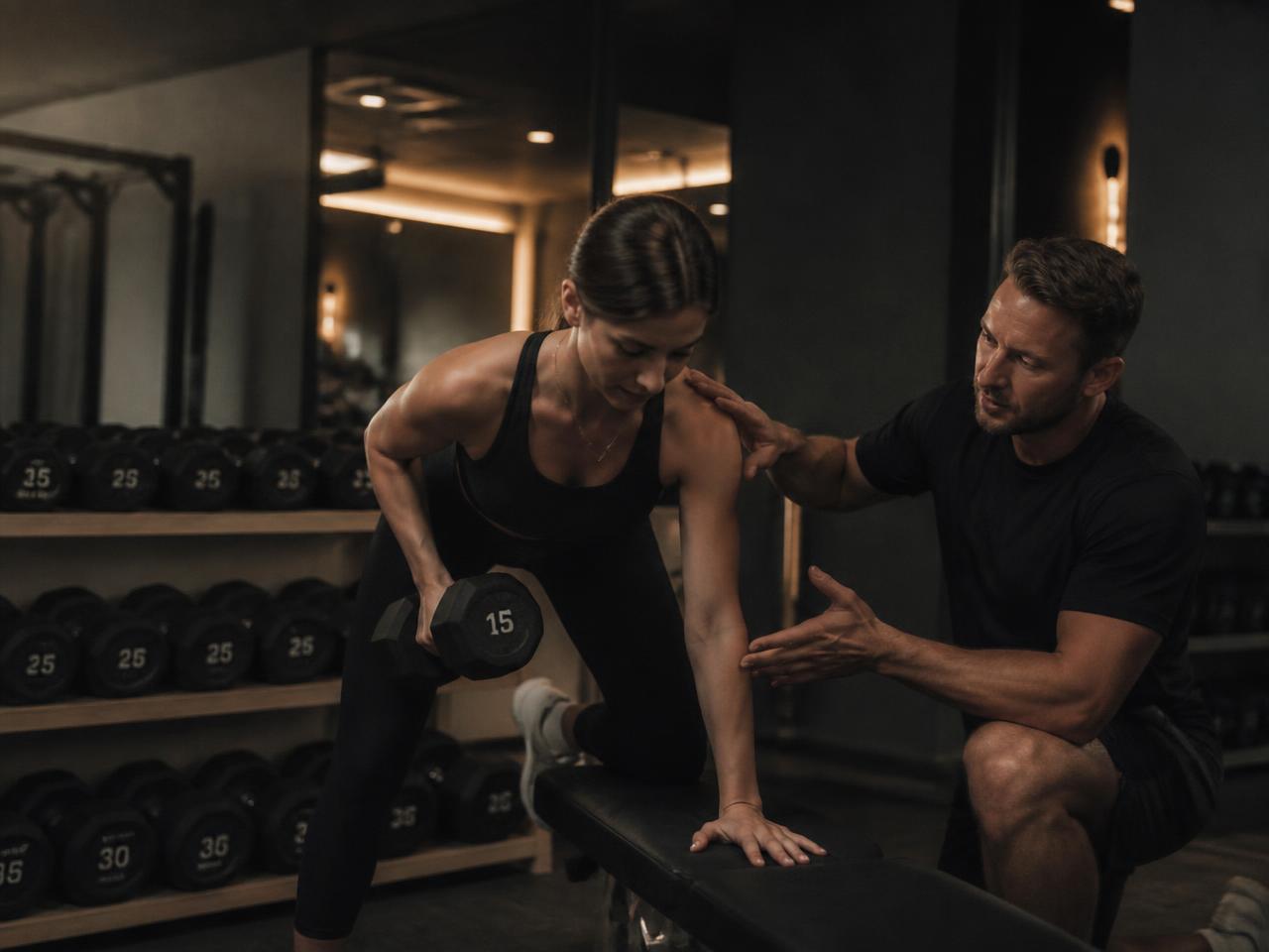 Coach guiding a member through a single-arm dumbbell row beside a warmly lit weight rack